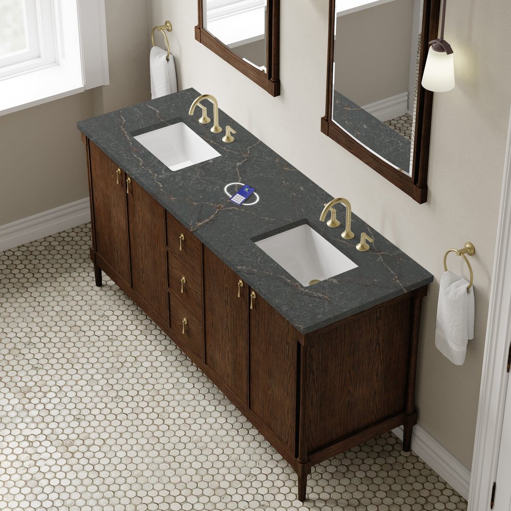James Martin - Kinnsden 72" Double Vanity, Sable Oak w/ 3 CM Parisien Bleu Silestone Top w/FreePower Wireless Charger - D680-V72-SBK-FPBL view 7