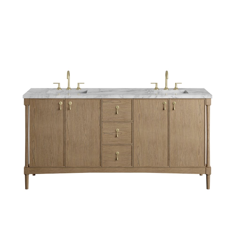 James Martin - Kinnsden 72" Double Vanity, Weathered Oak w/ 3 CM Carrara Marble Top - D680-V72-WTO-3CAR view 1