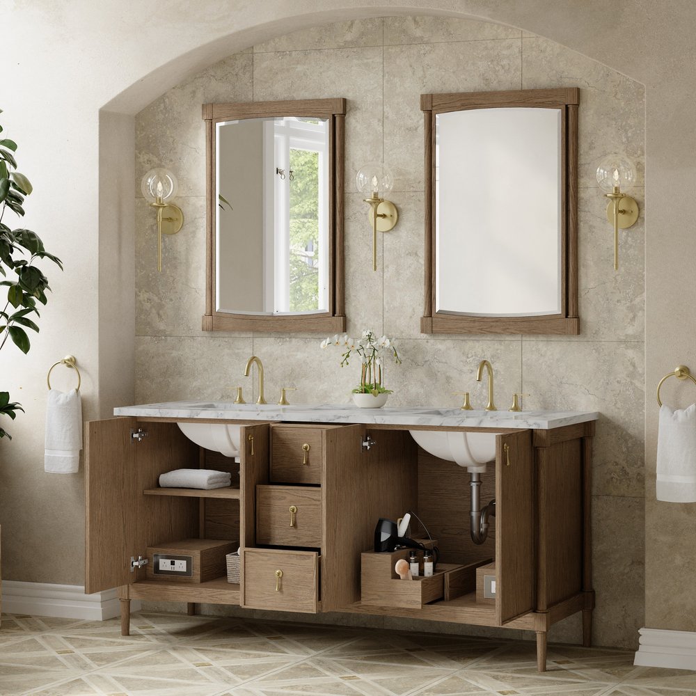 James Martin - Kinnsden 72" Double Vanity, Weathered Oak w/ 3 CM Carrara Marble Top - D680-V72-WTO-3CAR view 5