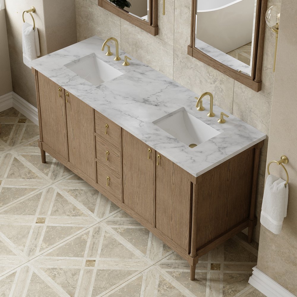 James Martin - Kinnsden 72" Double Vanity, Weathered Oak w/ 3 CM Carrara Marble Top - D680-V72-WTO-3CAR view 7