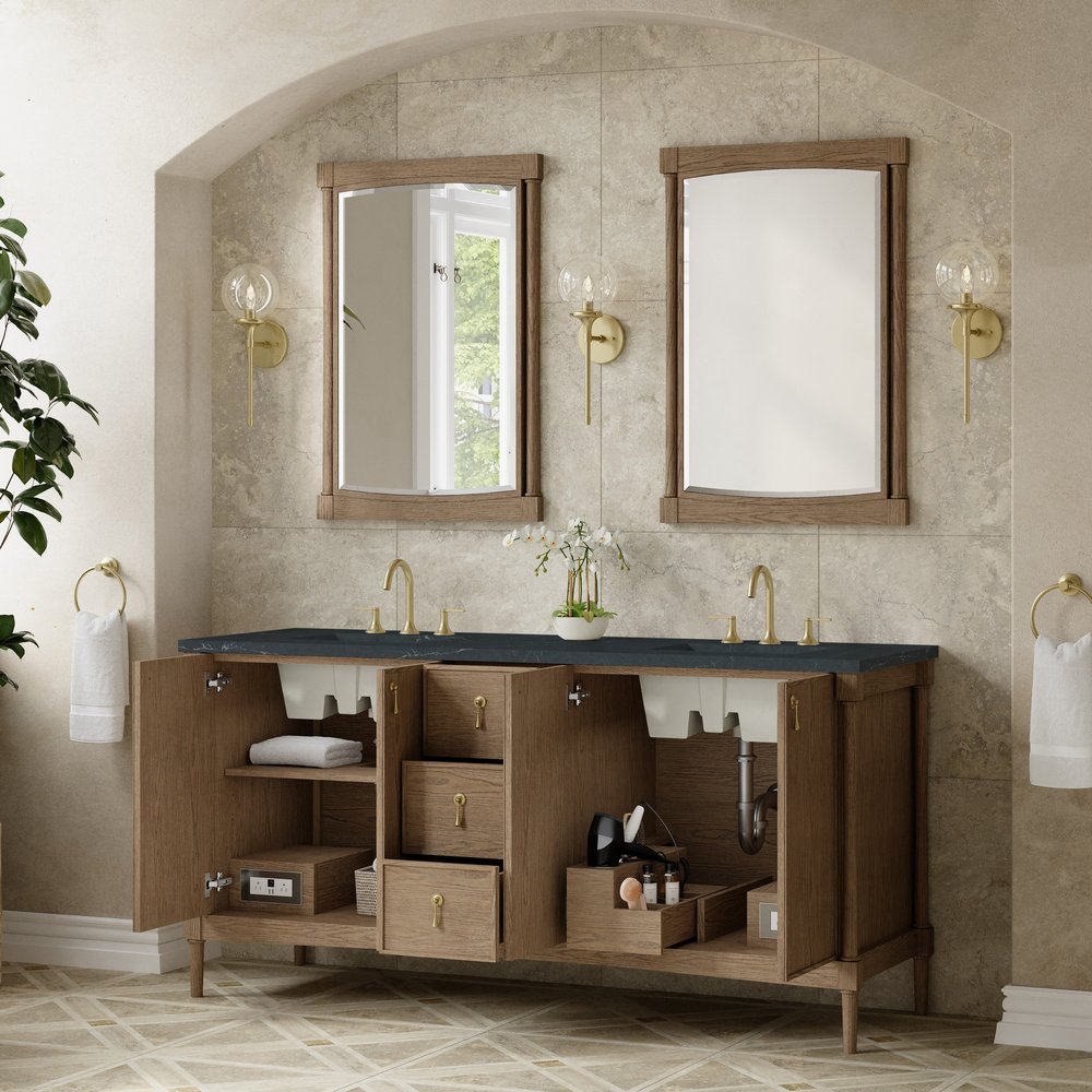 James Martin - Kinnsden 72" Double Vanity, Weathered Oak w/ 3 CM Charcoal Soapstone Silestone Top - D680-V72-WTO-3CSP view 5