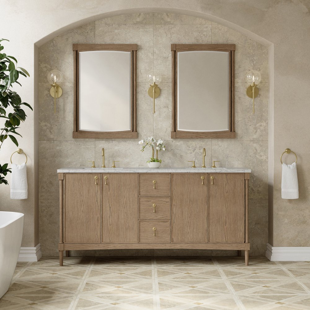 James Martin - Kinnsden 72" Double Vanity, Weathered Oak w/ 3 CM Eternal Jasmine Pearl Silestone Top - D680-V72-WTO-3EJP view 3
