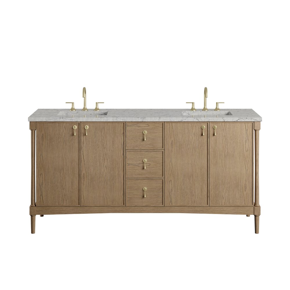 James Martin - Kinnsden 72" Double Vanity, Weathered Oak w/ 3 CM Eternal Jasmine Pearl Silestone Top w/FreePower Wireless Charger - D680-V72-WTO-FEJP view 1