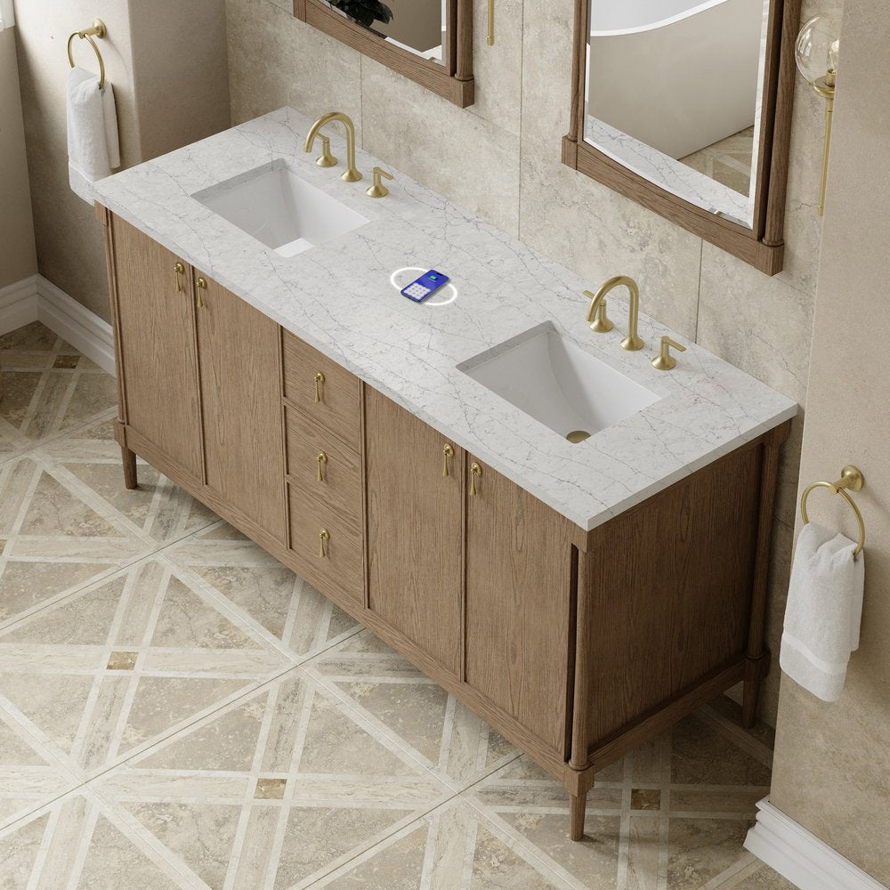 James Martin - Kinnsden 72" Double Vanity, Weathered Oak w/ 3 CM Eternal Jasmine Pearl Silestone Top w/FreePower Wireless Charger - D680-V72-WTO-FEJP view 7