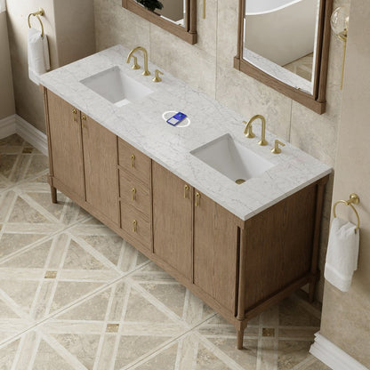 James Martin - Kinnsden 72" Double Vanity, Weathered Oak w/ 3 CM Eternal Jasmine Pearl Silestone Top w/FreePower Wireless Charger - D680-V72-WTO-FEJP view 7