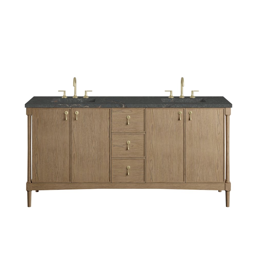 James Martin - Kinnsden 72" Double Vanity, Weathered Oak w/ 3 CM Parisien Bleu Silestone Top - D680-V72-WTO-3PBL view 1