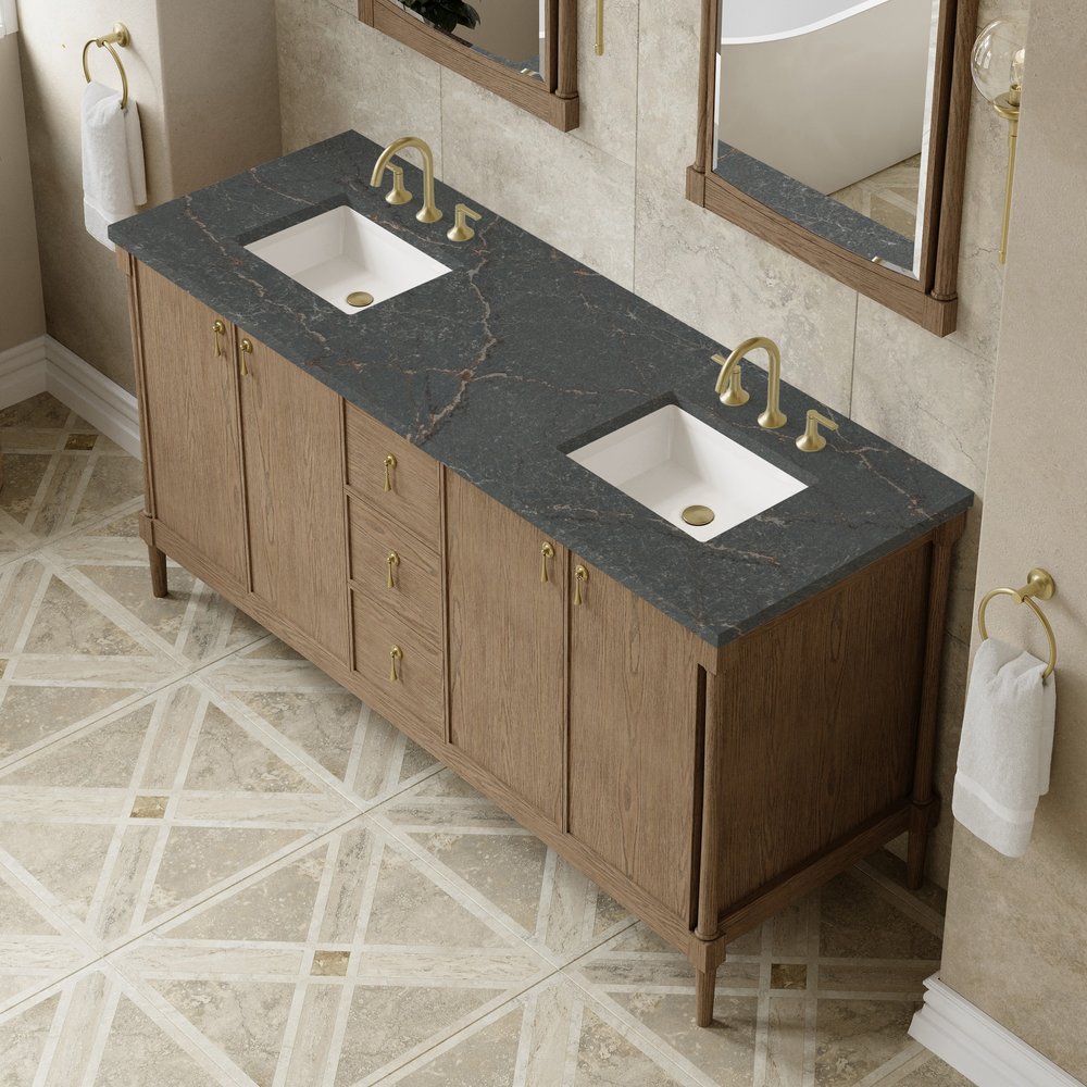 James Martin - Kinnsden 72" Double Vanity, Weathered Oak w/ 3 CM Parisien Bleu Silestone Top - D680-V72-WTO-3PBL view 7