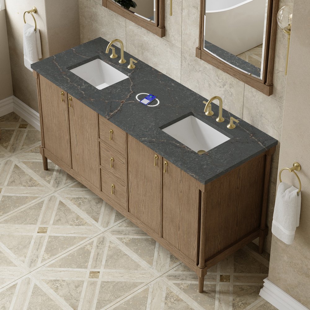 James Martin - Kinnsden 72" Double Vanity, Weathered Oak w/ 3 CM Parisien Bleu Silestone Top w/FreePower Wireless Charger - D680-V72-WTO-FPBL view 7