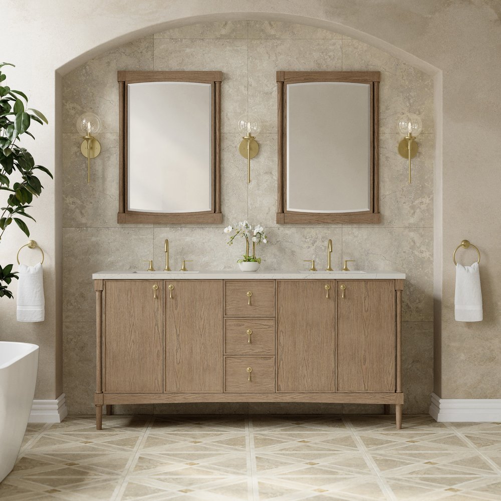 James Martin - Kinnsden 72" Double Vanity, Weathered Oak w/ 3 CM Siberian Silestone Top - D680-V72-WTO-3SFR view 3