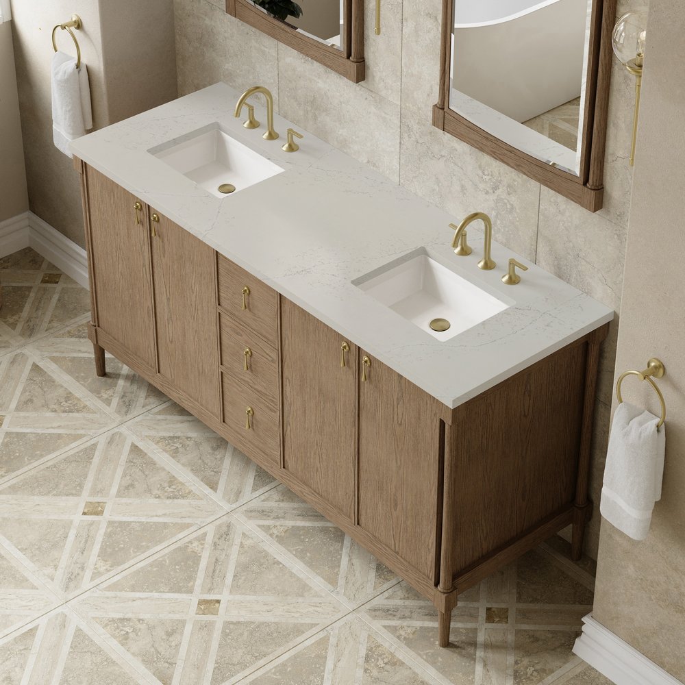 James Martin - Kinnsden 72" Double Vanity, Weathered Oak w/ 3 CM Siberian Silestone Top - D680-V72-WTO-3SFR view 7