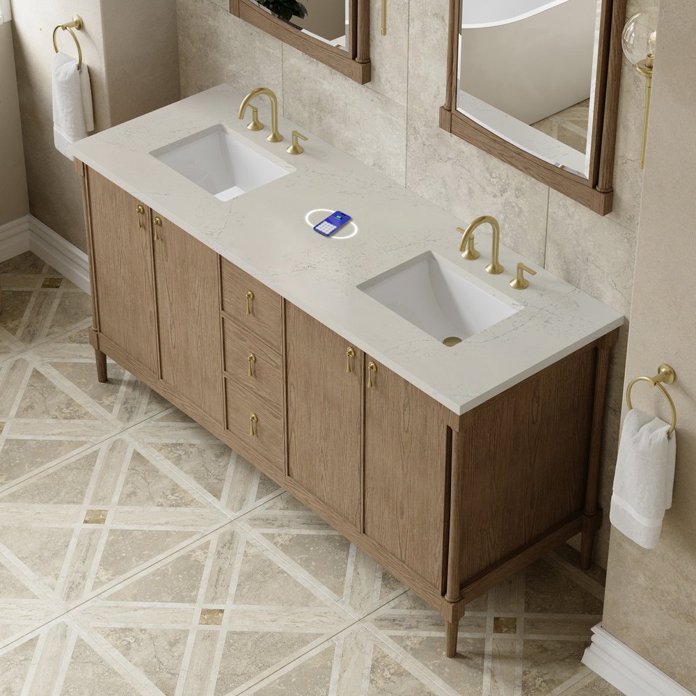 James Martin - Kinnsden 72" Double Vanity, Weathered Oak w/ 3 CM Siberian Silestone Top w/FreePower Wireless Charger - D680-V72-WTO-FSFR view 7