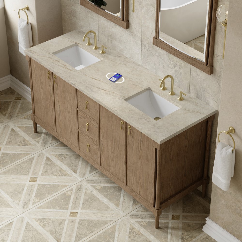 James Martin - Kinnsden 72" Double Vanity, Weathered Oak w/ 3 CM Tajnar Eclos Top w/FreePower Wireless Charger - D680-V72-WTO-FTJR view 7