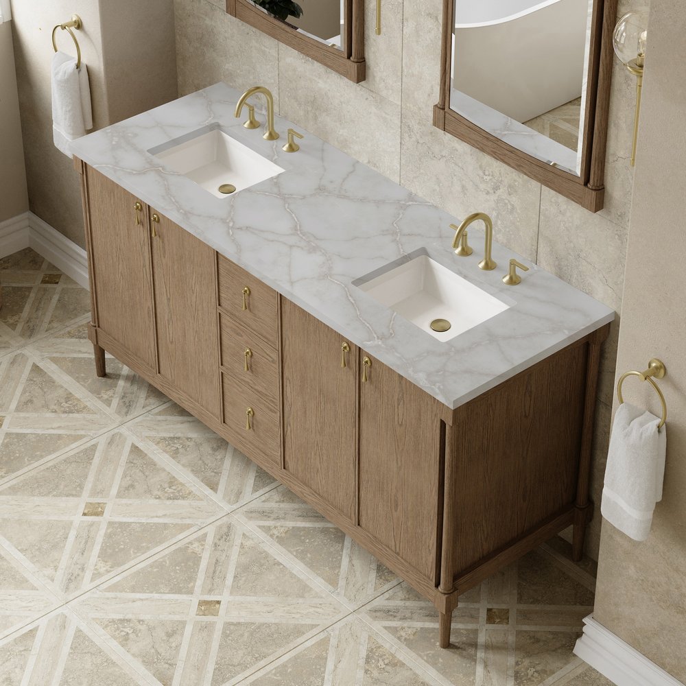 James Martin - Kinnsden 72" Double Vanity, Weathered Oak w/ 3 CM Victorian Silver Silestone Top - D680-V72-WTO-3VSL view 7