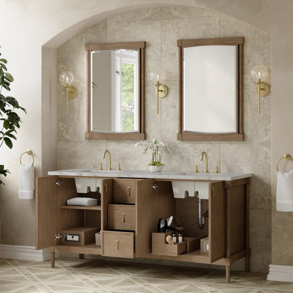 James Martin - Kinnsden 72" Double Vanity, Weathered Oak w/ 3 CM Victorian Silver Silestone Top w/FreePower Wireless Charger - D680-V72-WTO-FVSL view 5