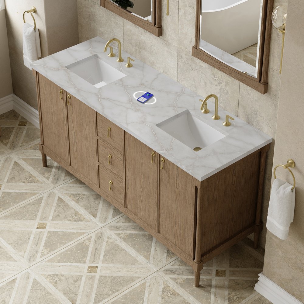 James Martin - Kinnsden 72" Double Vanity, Weathered Oak w/ 3 CM Victorian Silver Silestone Top w/FreePower Wireless Charger - D680-V72-WTO-FVSL view 7