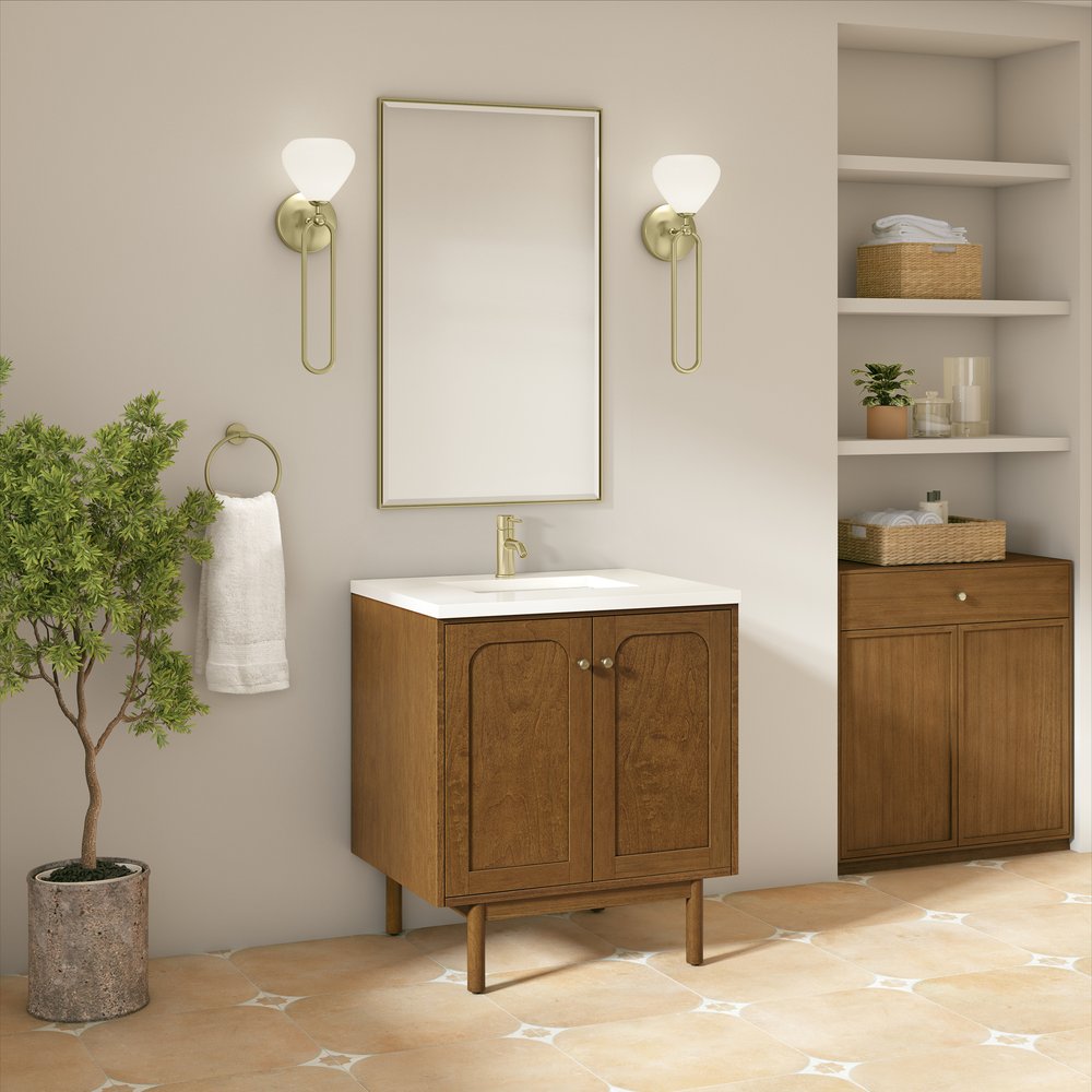 James Martin - Laurent 30" Single Vanity, Honey Oak w/ Single Hole 3 CM White Zeus Silestone Top and Matching Backsplash - 545-V30-HNO-1WZ view 7