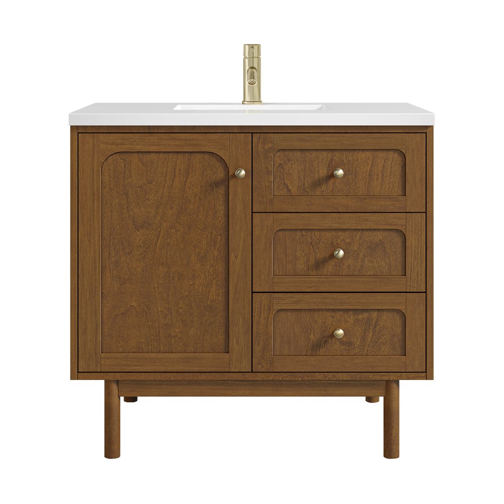 James Martin - Laurent 36" Single Vanity, Honey Oak w/ Single Hole 3 CM White Zeus Silestone Top and Matching Backsplash - 545-V36-HNO-1WZ view 1