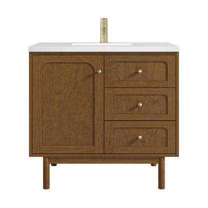James Martin - Laurent 36" Single Vanity, Honey Oak w/ Single Hole 3 CM White Zeus Silestone Top and Matching Backsplash - 545-V36-HNO-1WZ view 1