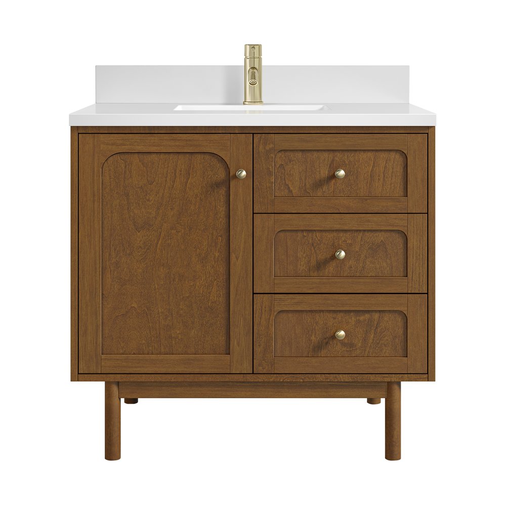 James Martin - Laurent 36" Single Vanity, Honey Oak w/ Single Hole 3 CM White Zeus Silestone Top and Matching Backsplash - 545-V36-HNO-1WZ view 2