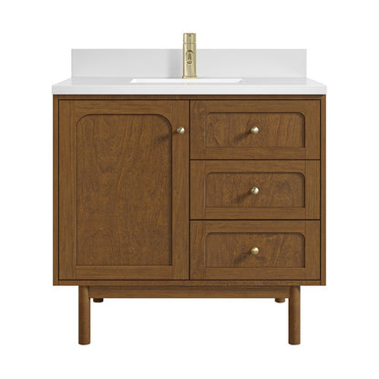 James Martin - Laurent 36" Single Vanity, Honey Oak w/ Single Hole 3 CM White Zeus Silestone Top and Matching Backsplash - 545-V36-HNO-1WZ view 2