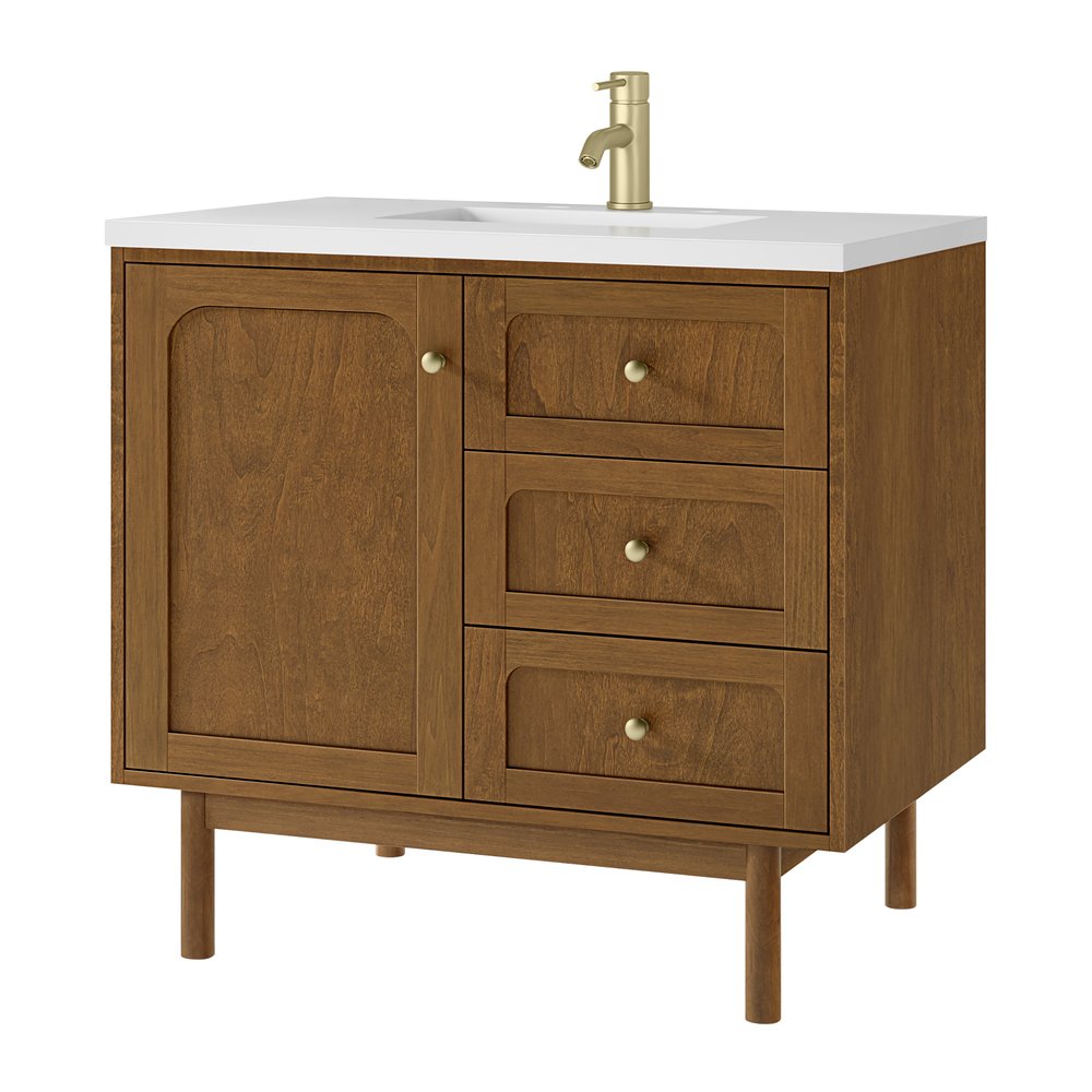 James Martin - Laurent 36" Single Vanity, Honey Oak w/ Single Hole 3 CM White Zeus Silestone Top and Matching Backsplash - 545-V36-HNO-1WZ view 14