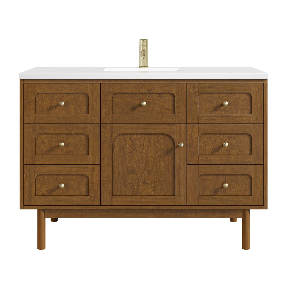 James Martin - Laurent 48" Single Vanity, Honey Oak w/ Single Hole 3 CM White Zeus Silestone Top and Matching Backsplash - 545-V48-HNO-1WZ view 1