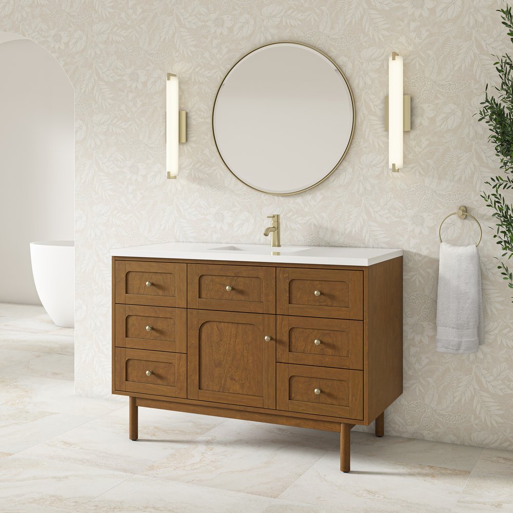 James Martin - Laurent 48" Single Vanity, Honey Oak w/ Single Hole 3 CM White Zeus Silestone Top and Matching Backsplash - 545-V48-HNO-1WZ view 7