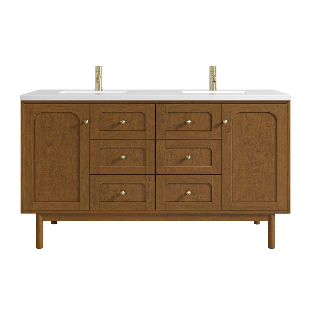 James Martin - Laurent 60" Double Vanity, Honey Oak w/ Single Hole 3 CM White Zeus Silestone Top and Matching Backsplash - 545-V60D-HNO-1WZ view 1
