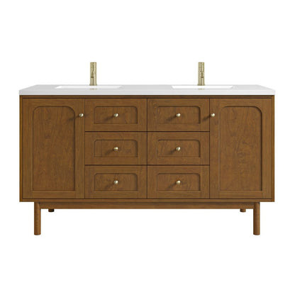 James Martin - Laurent 60" Double Vanity, Honey Oak w/ Single Hole 3 CM White Zeus Silestone Top and Matching Backsplash - 545-V60D-HNO-1WZ view 1