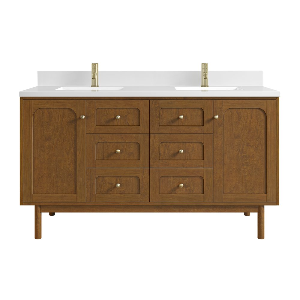 James Martin - Laurent 60" Double Vanity, Honey Oak w/ Single Hole 3 CM White Zeus Silestone Top and Matching Backsplash - 545-V60D-HNO-1WZ view 2
