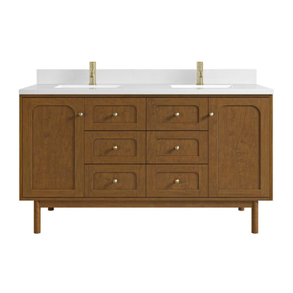 James Martin - Laurent 60" Double Vanity, Honey Oak w/ Single Hole 3 CM White Zeus Silestone Top and Matching Backsplash - 545-V60D-HNO-1WZ view 2