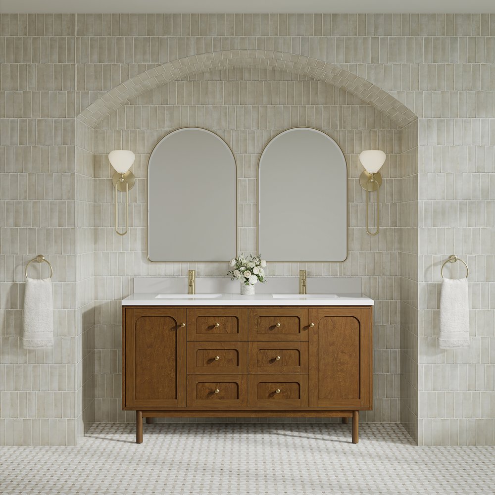 James Martin - Laurent 60" Double Vanity, Honey Oak w/ Single Hole 3 CM White Zeus Silestone Top and Matching Backsplash - 545-V60D-HNO-1WZ view 6