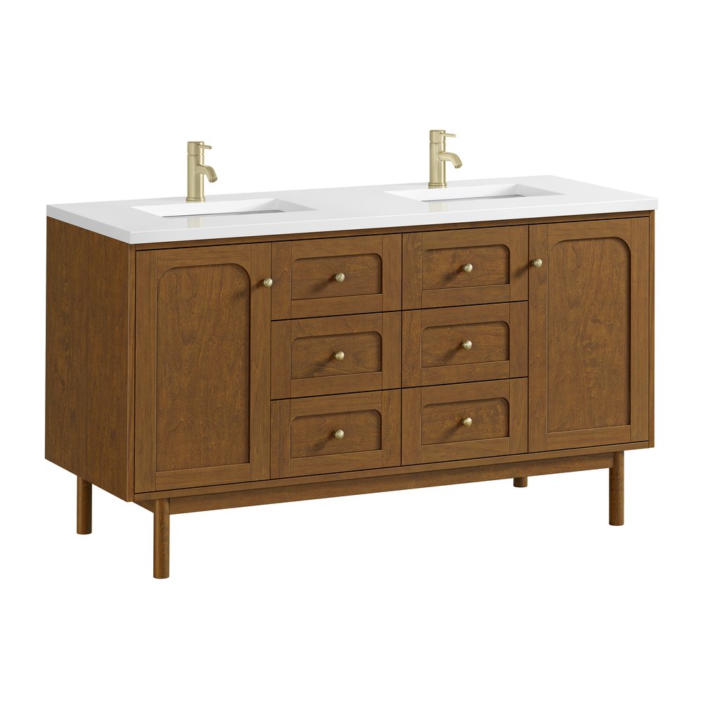 James Martin - Laurent 60" Double Vanity, Honey Oak w/ Single Hole 3 CM White Zeus Silestone Top and Matching Backsplash - 545-V60D-HNO-1WZ view 14