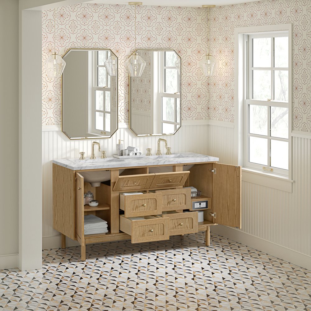 James Martin - Laurent 60" Double Vanity, Light Natural Oak, w/ 3 CM Carrara Marble Top - 545-V60D-LNO-3CAR view 8