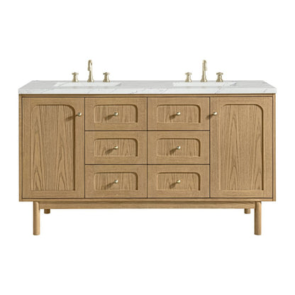 James Martin - Laurent 60" Double Vanity, Light Natural Oak, w/ 3 CM Ethereal Noctis Quartz Top w/FreePower Wireless Charger - 545-V60D-LNO-FENC view 1
