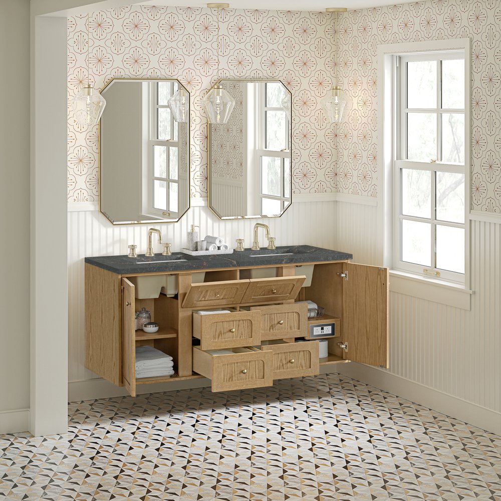 James Martin - Laurent 60" Double Vanity, Light Natural Oak, w/ 3 CM Parisien Bleu Quartz Top w/FreePower Wireless Charger - 545-V60D-LNO-FPBL view 10