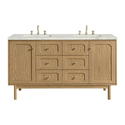 James Martin - Laurent 60" Double Vanity, Light Natural Oak, w/ 3 CM Victorian Silver Quartz Top w/FreePower Wireless Charger - 545-V60D-LNO-FVSL view 1