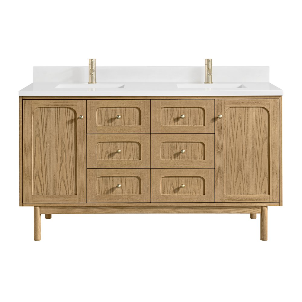 James Martin - Laurent 60" Double Vanity, Light Natural Oak, w/ Single Hole 3 CM White Zeus Quartz Top & Backsplash - 545-V60D-LNO-1WZ view 1