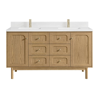 James Martin - Laurent 60" Double Vanity, Light Natural Oak, w/ Single Hole 3 CM White Zeus Quartz Top & Backsplash - 545-V60D-LNO-1WZ view 1