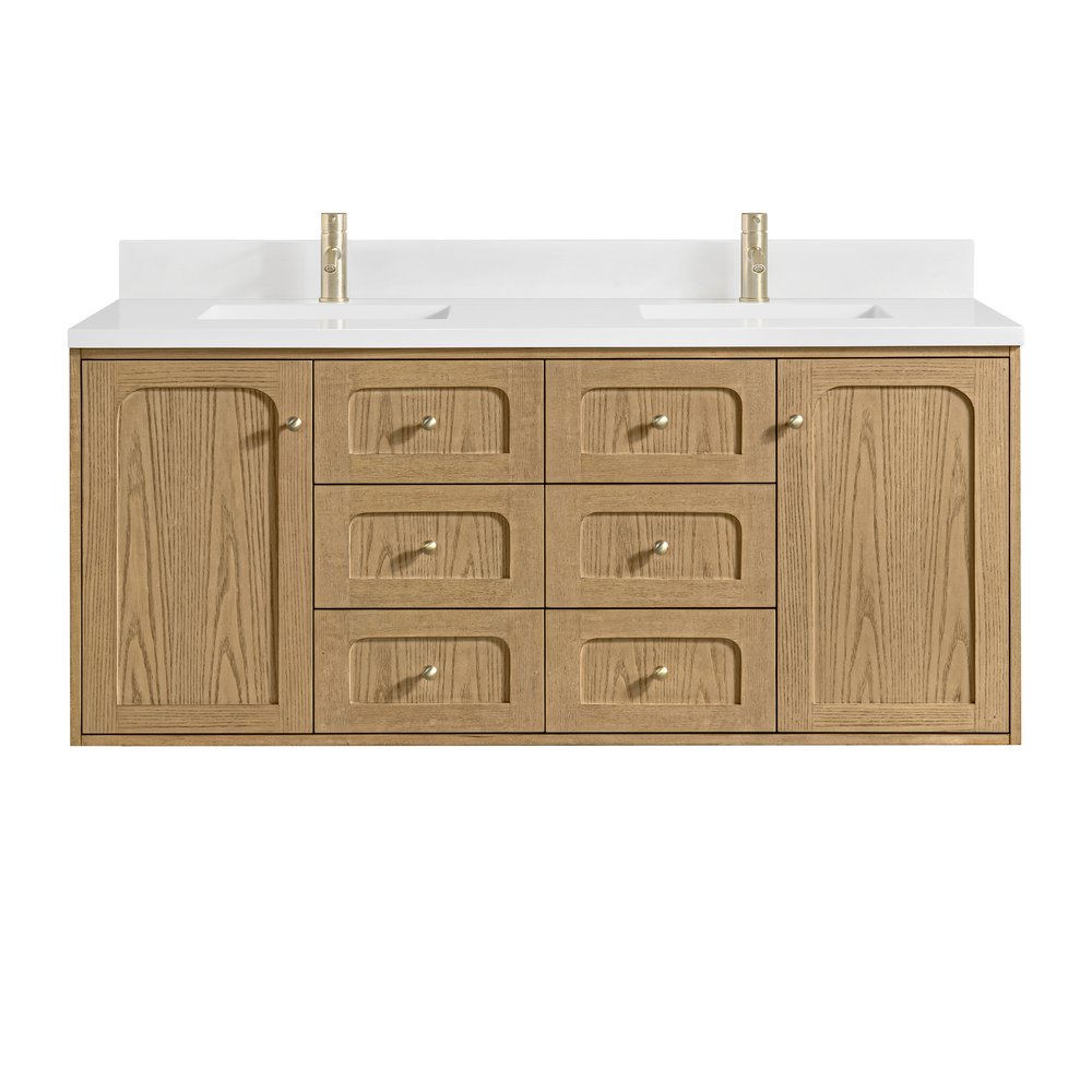 James Martin - Laurent 60" Double Vanity, Light Natural Oak, w/ Single Hole 3 CM White Zeus Quartz Top & Backsplash - 545-V60D-LNO-1WZ view 2