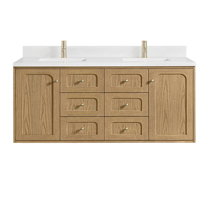 James Martin - Laurent 60" Double Vanity, Light Natural Oak, w/ Single Hole 3 CM White Zeus Quartz Top & Backsplash - 545-V60D-LNO-1WZ view 2