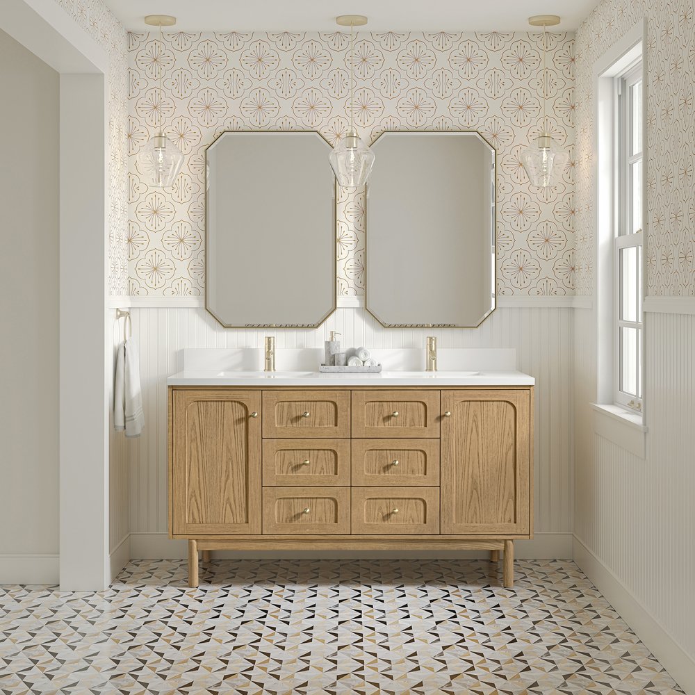 James Martin - Laurent 60" Double Vanity, Light Natural Oak, w/ Single Hole 3 CM White Zeus Quartz Top & Backsplash - 545-V60D-LNO-1WZ view 4