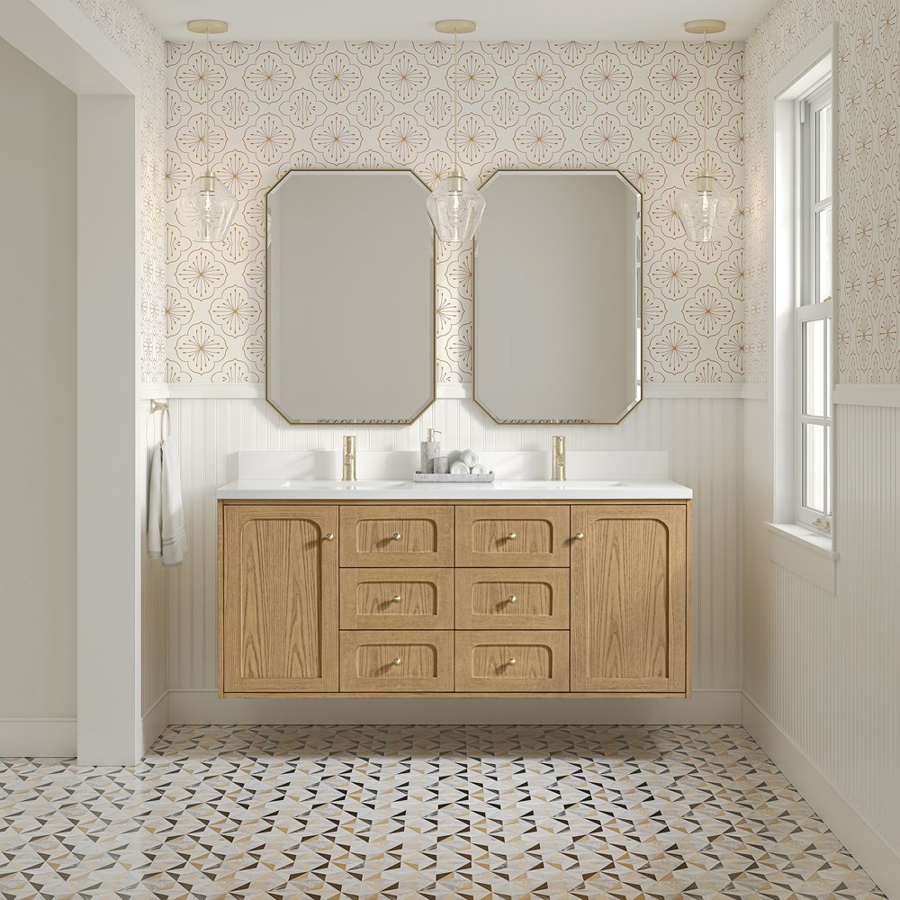 James Martin - Laurent 60" Double Vanity, Light Natural Oak, w/ Single Hole 3 CM White Zeus Quartz Top & Backsplash - 545-V60D-LNO-1WZ view 5