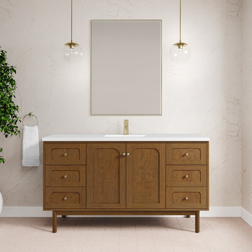 James Martin - Laurent 60" Single Vanity, Honey Oak w/ Single Hole 3 CM White Zeus Silestone Top and Matching Backsplash - 545-V60S-HNO-1WZ view 5