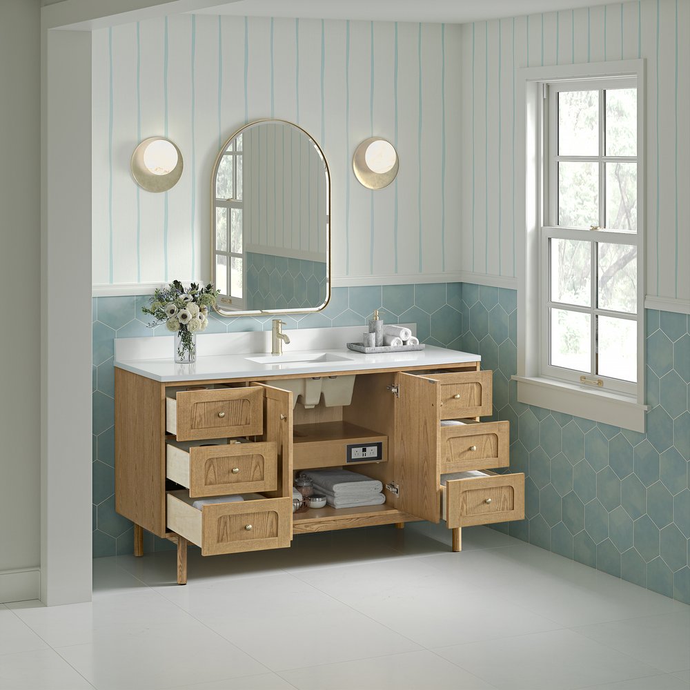 James Martin - Laurent 60" Single Vanity, Light Natural Oak, w/ Single Hole 3 CM White Zeus Quartz Top & Backsplash - 545-V60S-LNO-1WZ view 8