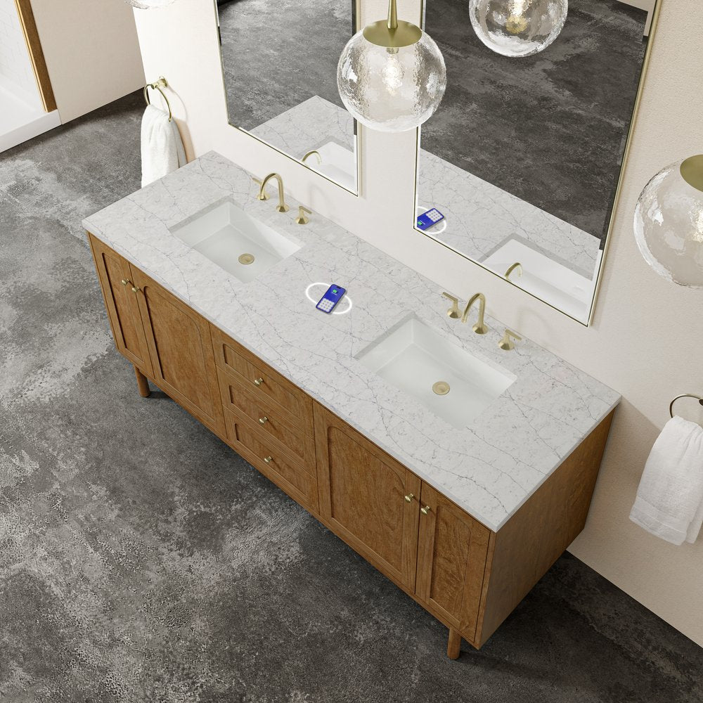 James Martin - Laurent 72" Double Vanity, Honey Oak w/ 3 CM Eternal Jasmine Pearl Silestone Top w/FreePower Wireless Charger - 545-V72-HNO-FEJP view 10