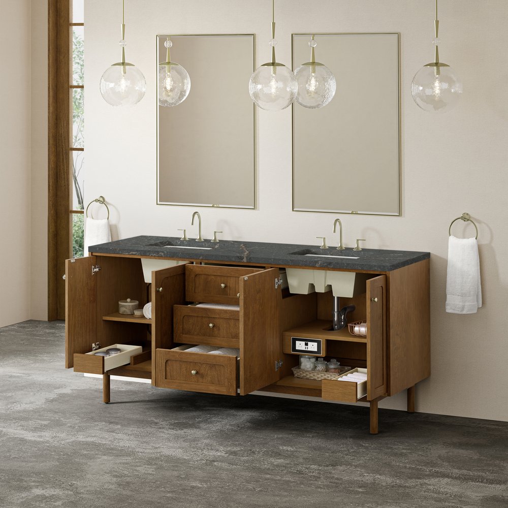 James Martin - Laurent 72" Double Vanity, Honey Oak w/ 3 CM Parisien Bleu Silestone Top w/FreePower Wireless Charger - 545-V72-HNO-FPBL view 8