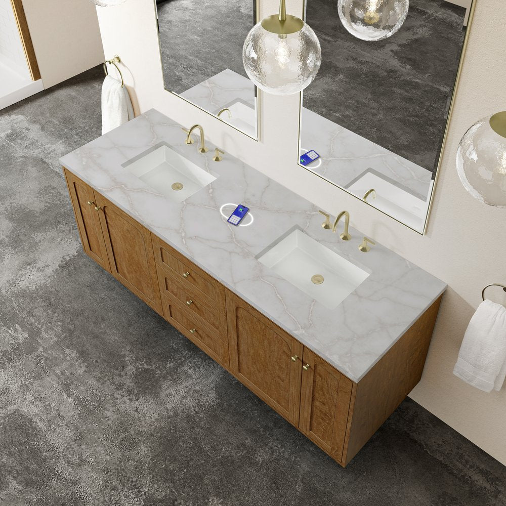 James Martin - Laurent 72" Double Vanity, Honey Oak w/ 3 CM Victorian Silver Silestone Top w/FreePower Wireless Charger - 545-V72-HNO-FVSL view 11