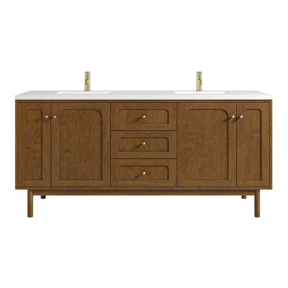 James Martin - Laurent 72" Double Vanity, Honey Oak w/ Single Hole 3 CM White Zeus Silestone Top and Matching Backsplash - 545-V72-HNO-1WZ view 1