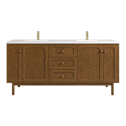 James Martin - Laurent 72" Double Vanity, Honey Oak w/ Single Hole 3 CM White Zeus Silestone Top and Matching Backsplash - 545-V72-HNO-1WZ view 1